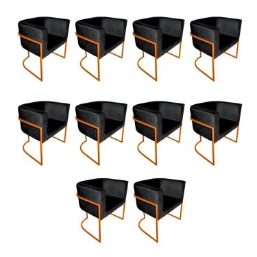 Imagem de Kit 10 Poltronas Decorativa Sala De Estar Base De Ferro Cobre Veludo Preto