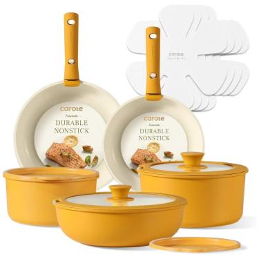 Imagem de Jogo de Panelas CAROTE, Jogo de Utensílios de Cozinha Antiaderentes com Alça Removível, 15 peças para Indução, Resistente ao Forno, Amarelo