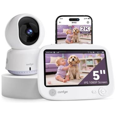 Imagem de Vigilância Infantil Inteligente Comfyer com WiFi, Tela Dividida de 12,7 cm, Câmera 2K, Controle por App, Alertas de Movimento, Visão