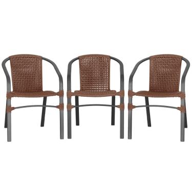 Imagem de 03 Cadeiras Floripa Alumínio Pintura Preta Trama Original Marrom