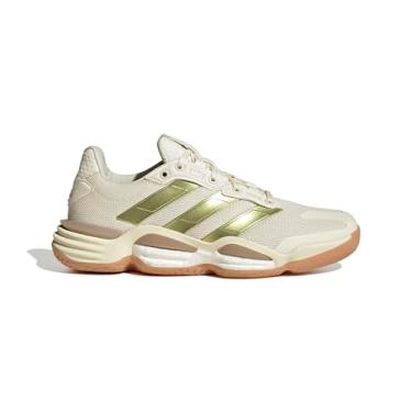 Imagem de adidas Tênis feminino Stabil 16 para uso interno, Branco esbranquiçado/dourado metálico/areia cristalina, 35