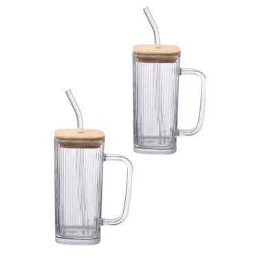 Imagem de Kit 2 Canecas de Vidro com Tampa, 290ml, Cilíndrico, Branco e Madeira, com Canudo