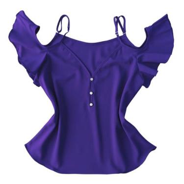 Imagem de Blusa Ciganinha Manga Curta Alça Feminina Decote V Botões Crepe Blusin