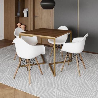 Imagem de Mesa Jantar Industrial Quadrada 90Cm Amêndoa Base V Dourada C/4 Poltro