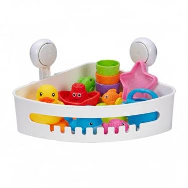 Imagem de Yomjarl Organizador de brinquedos de banho, suporte de brinquedo para banheira infantil com orifícios de drenagem, suporte de chuveiro para banheira, sem perfuração de canto, ventosa de chuveiro