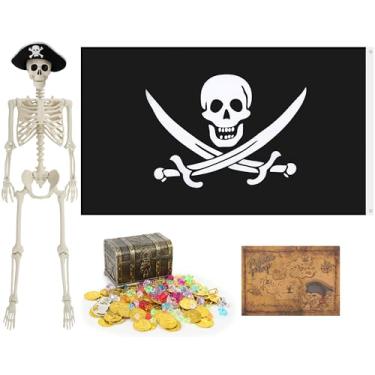 Imagem de VioraWhite Conjunto de brinquedos de baú de tesouro de pirata de caveira ajustável de Halloween, baú de tesouro pirata vintage, chapéu, brincos de ouro, anéis, moedas de ouro, pedras preciosas, mapa