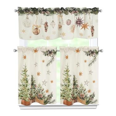Imagem de Zifmrtrwn Cortinas de cozinha de Natal, conjunto de 3 peças, árvores de Natal, azevinho, pinheiro, sanefa e camadas para cozinha, casa, interior, café, 91 cm, cortina de janela curta sobre a pia