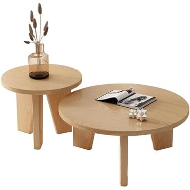 Imagem de Conjunto de 2 mesas de centro de encaixe de mesa de canto redonda moderna mesa de cabeceira de madeira para sala de estar mesa de destaque compacta