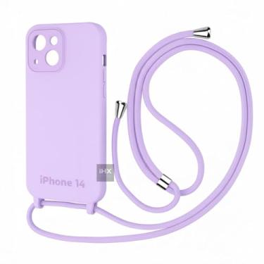 Imagem de Capa Case Capinha Para iPhone 14 Silicone Com Cordão Alça De Pescoço Ajustável Veludo Premium (LILÁS)