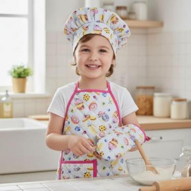 Imagem de Kit Avental Infantil de Cozinha Estampado com Touca e Luva - Mava Enxo