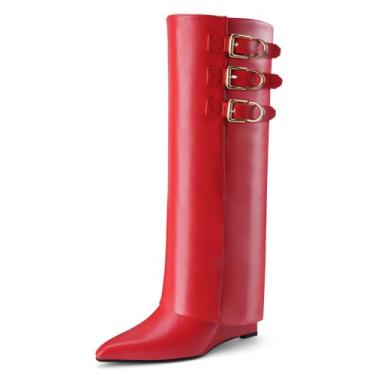 Imagem de Perisis Botas femininas dobráveis cano alto tubarão salto cunha fivelas de couro bico fino puxar botas longas, Vermelho, 38