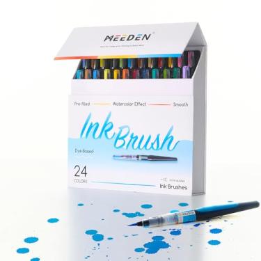 Imagem de MEEDEN Pincéis de tinta líquida para aquarela: conjunto de 24 cores à base de tinta de tinta aquarela em pincel - presente de colorir criativo para artistas profissionais, pintura detalhada, Natal
