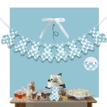 Imagem de Eanjia Faixa pré-amarrada We Can Bearly Wait | Faixa de urso de pelúcia xadrez azul com ilhós para fácil ajuste e laço de cetim removível para chá de bebê, 1º aniversário, berçário, decoração