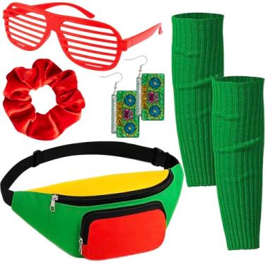 Imagem de YAROMO Acessórios de fantasia de Natal para mulheres, roupa de festa hip hop, vermelho, verde, bolsa de cintura ajustável, brinco, obturador, vidro, ioga, corrida