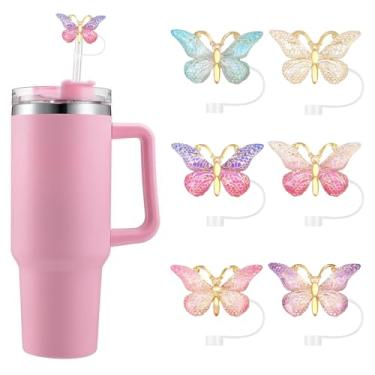 Imagem de 6 peças de capas de canudo de borboleta para Stanley Cup, topo de palha de silicone brilhante compatível com canudos de 10 mm – Acessórios reutilizáveis para copos Stanley 850 g e 1,134 g, presente
