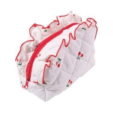 Imagem de Linda bolsa de maquiagem cereja bolsa de cosméticos de viagem porta-lápis pequena bolsa de maquiagem com zíper bolsas de cosméticos para mulheres meninas, Branco, L, Bonito