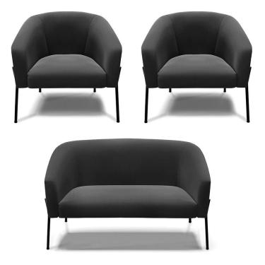 Imagem de Sofá Namoradeira E 2 Poltronas Pé De Ferro Preto Stella Suede Preto D03 - D'rossi