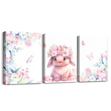 Imagem de Feelyou Arte de parede em tela de coelho fofo para sala de estar, quarto, 30,5 x 40,6 x 3 peças, flores, floral, decoração de casa, banheiro, desenho animado, borboleta, pintura de parede, imagem de