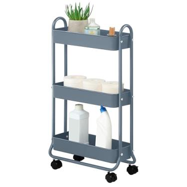 Imagem de SunnyPoint Carrinho de armazenamento fino, organizador de banheiro de 3 andares, banheiro, carrinho utilitário de lavanderia (azul)