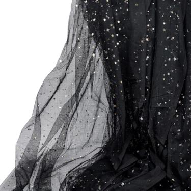 Imagem de MAYJOYDIY Rolo de tecido de tule com lantejoulas pretas de 1,5 m, estrela dourada e lua, tecido de malha de tule para tutu skrits pano de fundo de casamento, decoração de festa de Natal, embrulho de