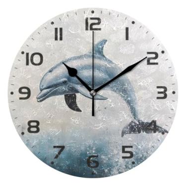 Imagem de Qilmy Dolphin Relógio de parede pequeno moderno de 25 cm, operado por bateria, silencioso, sem tique-taque, relógio analógico decorativo para casa, escritório, escola, quarto, banheiro e cozinha