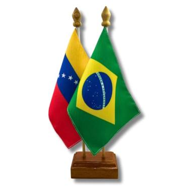 Imagem de Bandeira de Mesa Elegance Brasil e Venezuela, Dupla Face, Base em Madeira, 19x13cm, Tecido Oxford, Decorativa, Escritório e Eventos