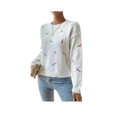 Imagem de Suéter Feminino Com Bordado Floral, Gola Redonda, Manga Longa, Pulôver