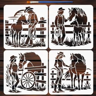 Imagem de FINGERINSPIRE 4 peças de estênceis de caubói ocidentais com 1 pincel de pintura 30 x 30 cm, estêncis de cena de caubói ocidentais montando cavalo, estêncil para pintura em parede de madeira, decoração