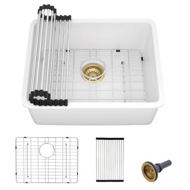 Imagem de Fulorni Pia de preparação de barra de montagem inferior de 53,3 cm x 43,2 cm – Lavatório de pia de quartzo composto de granito branco clássico sob balcão para bar molhado, trailer, cozinha pequena