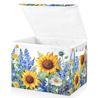 Imagem de Blueangle Cestos de armazenamento de girassóis bluebells com tampas, 42 x 32 x 30 cm, grande cesta organizadora dobrável para decoração de escritório e armário (319)