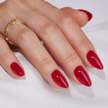 Imagem de Unhas postiças curtas – unhas postiças Findigit vermelhas, unhas falsas de amêndoa curta com cola de unha, kit de unhas de gel macio natural para mulheres, cola natural reutilizável nas unhas, 16