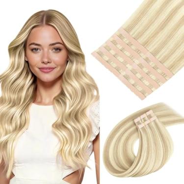 Imagem de MAXITA Extensões de cabelo humano com fita adesiva, 18 polegadas 10 peças 30 g loiro claro realçado loiro dourado, mini fita extensões de cabelo de trama cortadas para ajustar, sem costura invisível