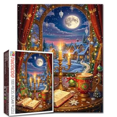 Imagem de Quebra-cabeça de 1000 peças para adultos vila nevada casa de madeira, árvore de Natal 1000 peças quebra-cabeças 40 x 70 cm Natal chocolate quente DIY artesanato decoração de parede, jogo de família