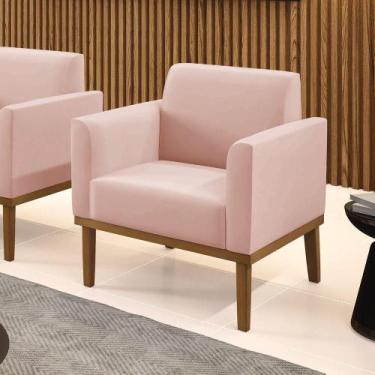 Imagem de Poltrona Base De Madeira Fixa Castanho Marisa Veludo Rosê - D'Rossi