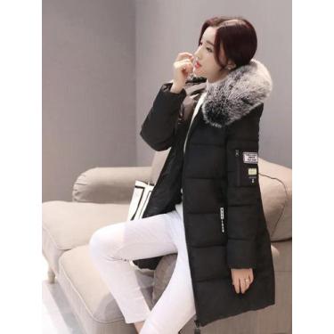 Imagem de Parka Feminina De Inverno Com Capuz E Gola De Pele Preta, Com Bolsos C