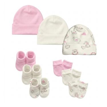 Imagem de Kit Touca, Luvas e Pantufas Enxoval Bebê Maternidade Menina - 9 peças 