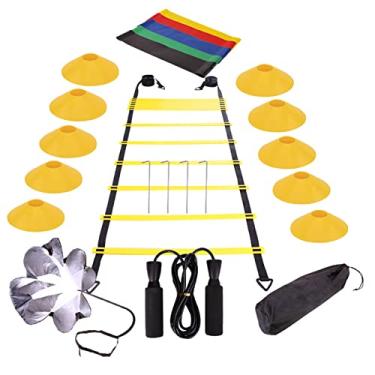 Imagem de Kit de treinamento de velocidade de escada de agilidade, incluindo cones, corrida, paraquedas, estacas de aço, cordas de pular faixas de resistência futebol basquete hóquei conjunto esportivo, amarelo, 6 m