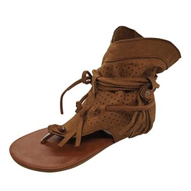 Imagem de Sapatos de praia femininos retrô boêmios com borla romana sandálias femininas sandálias de plataforma baixa para mulheres, Marrom, 7.5