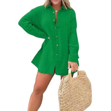 Imagem de Conjunto de macacão Barcelona Breeze, camisa longa de crepe de camada dupla + shorts, saída de praia de linho com fenda, conjuntos curtos (Green,X-Large)