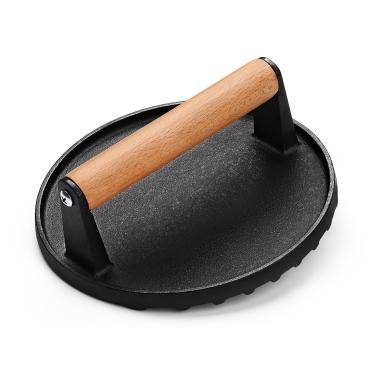 Imagem de AIVIKI Prensa de hambúrguer, prensa de hambúrguer para chapa Blackstone, ferro fundido resistente, redondo, 16,9 cm, prensa para churrasqueira com cabo de madeira, peso de bife de carne para