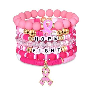 Imagem de FAERLIIRY Pulseiras de fita rosa, presentes de sobrevivente de câncer de mama para mulheres, pulseira de contas com glitter, pulseiras rosa HOPE FIGHT, suporte de sobrevivente de câncer de mama joias