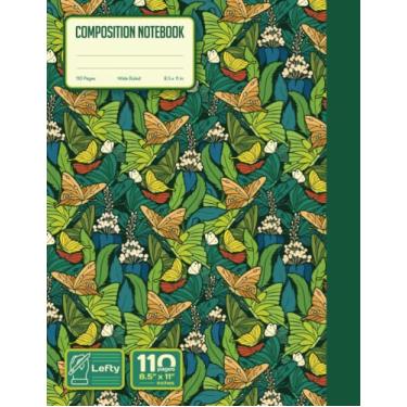 Imagem de Caderno pautado largo para canhotos | 110 páginas, 21 x 28 cm: Margem oposta à encadernação | Tema verde de flores, borboletas e penas vintage (edição japonesa)