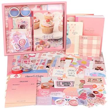 Imagem de Draupnir Kit de scrapbook de estética kawaii rosa fofo (348 peças), kit de diário de lixo com materiais de diário/scrapbook, papelaria, caderno de grade A6 com páginas pautadas por gráficos, presente