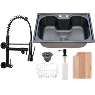 Imagem de HOLTTER Kit Cuba Aço Inox Preta Tábua Torneira Gourmet Flexível Cuba Gourmet Aço Inox Acessórios Torneira Gourmet de Bancada Flexível Monocomando Torneira Gourmet Parede (Parede, Preto)