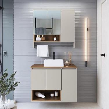 Imagem de Conjunto para Gabinete Suspenso 80cm com Cuba e Espelheira 3 Portas com Toalheiro e Nicho Olívia Mel / Arenas