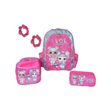 Imagem de Kit mochila de costas frozen infantil escolar meninas rosa brilho lanc