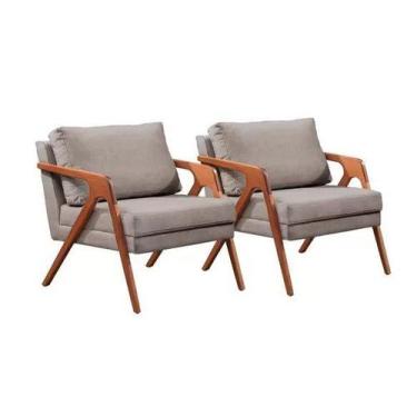 Imagem de Conjunto - 2 Poltronas Mona Luxo Madeira Maciça Castellar Linho Cinza 