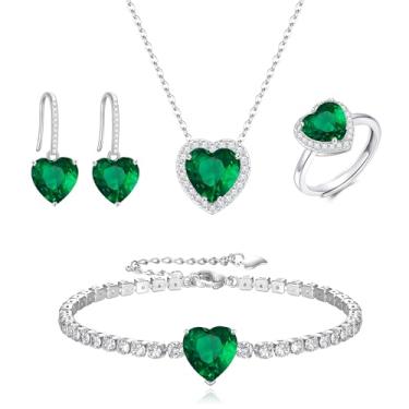 Imagem de Crysdue Conjunto de joias de coração de formatura para mulheres, colar com pingente de zircônia cúbica, brincos pendentes, pulseira de tênis, anel aberto, presente para festa, aniversário, dia dos