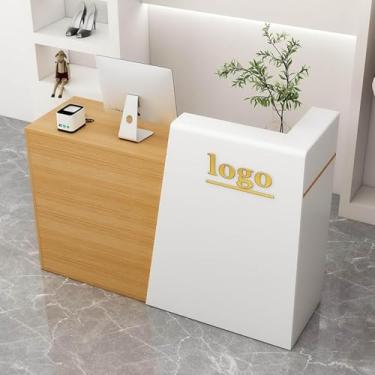 Imagem de Recepção de recepção em forma de L, balcão moderno de caixa de varejo pequeno com gaveta e armário de armazenamento, estação de trabalho de computador para salão, saguão, escritório, para loja de