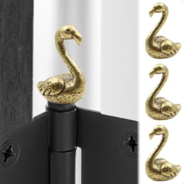 Imagem de Conjunto de 3 cabeças de dobradiça de flamingo de latão decorativo - Presente de topo de cabeça de dobradiça magnética - animais caprichosos dobradiça de porta cabeça decoração de casa